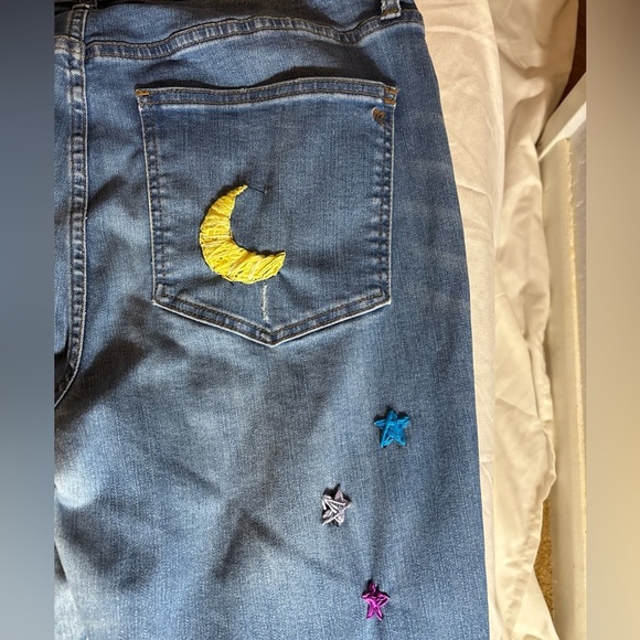 MADEWELL Cali Demi Boot Hand Embroidered Hippie Peace Sign Jeans Upcycled Sz 31 - Picture 12 of 16